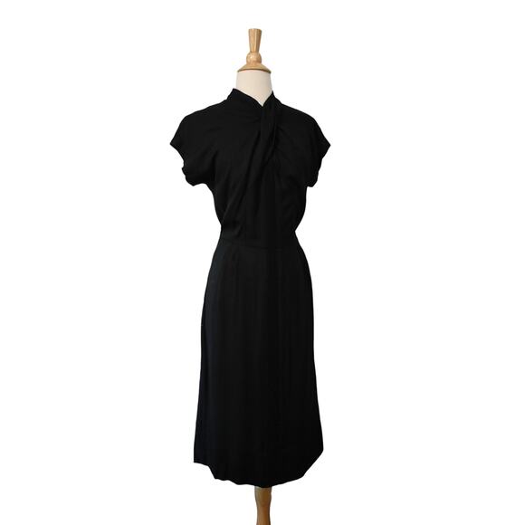 Vintage 50s Film Noir Ruched Shawl Neck Crochet Center Black Deco Dress - Picture 8 of 10